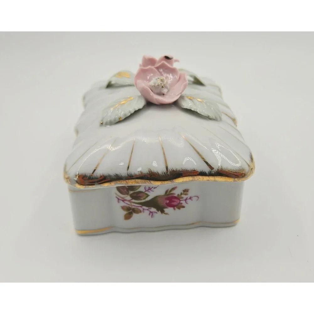 Vintage Royal Sealy Japan Porcelain Trinket Box and Ring Dish 3 pc Set Rose Gold